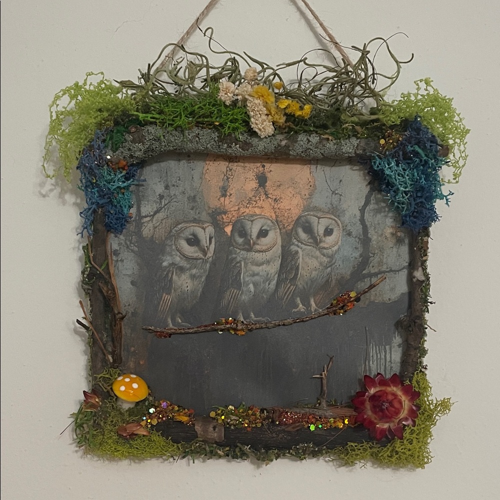 Handcrafted Owl Wall Art Natural Accents moss mushroom moon forest decor witchy